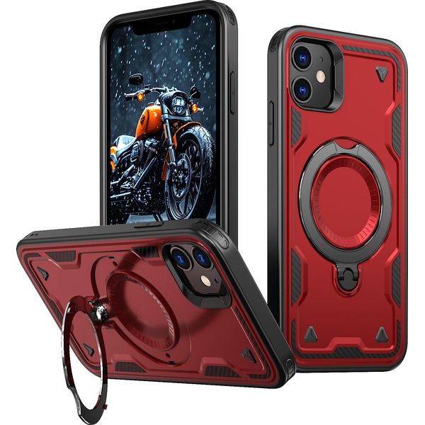 Custodia A Doppio Strato Per Iphone 11/Iphone Xr, Custodia Protettiva Militare Magnetica Con Anello E Supporto In Metallo Rosso-image