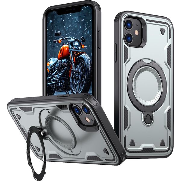 Custodia A Doppio Strato Per Iphone 11/Iphone Xr, Custodia Protettiva Militare Magnetica Con Anello In Metallo E Supporto Grigio-image