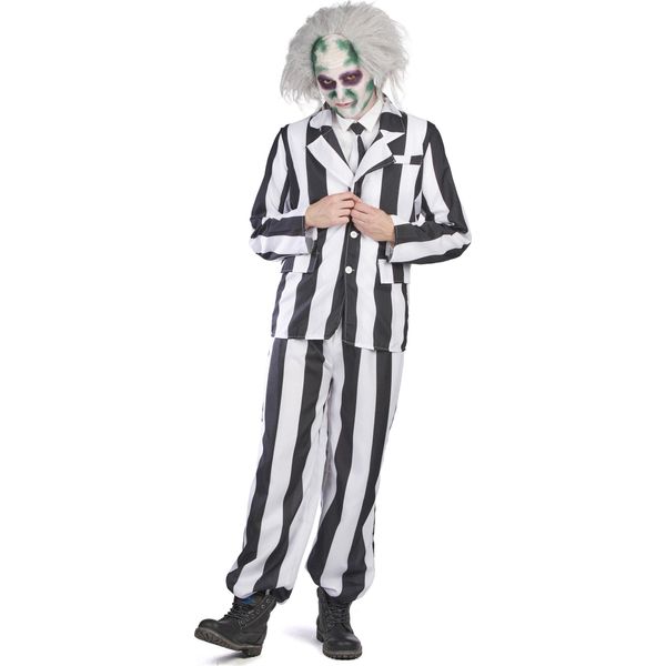 Tuta Fantasma Nero Bianco Strisce Halloween Carnevale Costume Spaventoso Creativo Tema Festa Travestimento Elegante Divertente Unisex Moda Completo Avventura, Taglia: 48 - 50 (M) Colore: Bianco-image