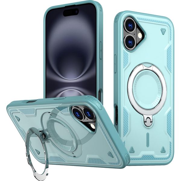 Custodia A Doppio Strato Per Iphone 16 Plus, Custodia Protettiva Militare Magnetica Con Anello In Metallo E Supporto Verde Menta-image