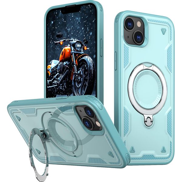 Custodia A Doppio Strato Per Iphone 13/Iphone 14, Custodia Protettiva Militare Magnetica Con Anello In Metallo E Supporto Verde Menta-image