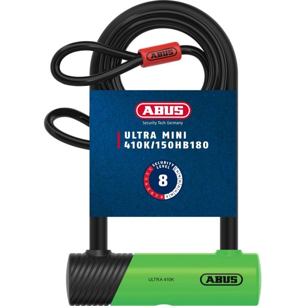 Abus U-Lock 410K Ultra Per Biciclette Ed E-Scooter - Lucchetto Per Bicicletta Maneggevole E Robusto Con Pratico Supporto Per Il Trasporto - Accessori Per Biciclette - Variante 150HB180 - Grillo Alto 180 Mm - Verde + Cobra 10/120 - Lunghezza Cavo 120 Mm-image