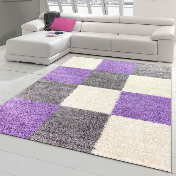 Tappeto Shaggy A Pelo Alto Con Motivo A Quadri Lilla Grigio Crema Dimensioni - 200 X 290 Cm-image