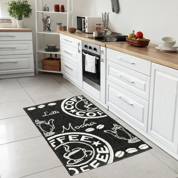 Tappeto Da Cucina In Sisal Moderno A Tessitura Piatta Caffè Moka Espresso Nero Dimensioni - 60 X 110 Cm-image