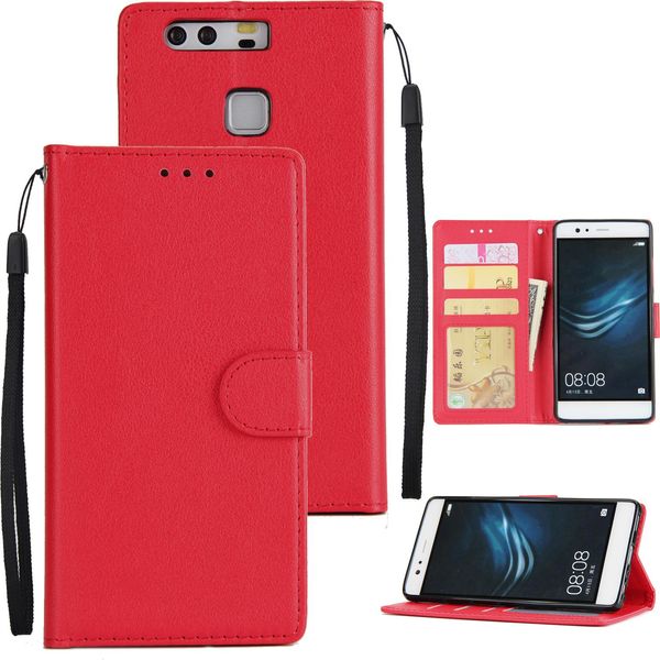 Per Huawei P9 Plus Custodia Per Smart Phone In Pelle Pu Custodia Protettiva Con Fibbia E 3 Posizioni Per Le Carte Di Credito Rosso-image