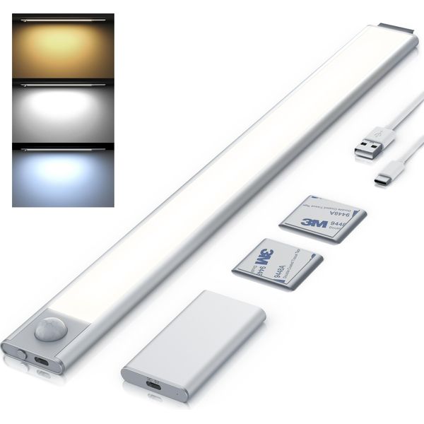 Brandson Led Sottopensile, Striscia Luminosa, Illuminazione Del Mobile Con Rilevatore Di Movimento, Senza Fili, 3 Colori Di Luce, Batteria Ricaricabile, Argento-image