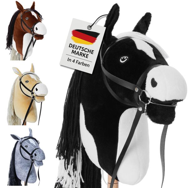 Hoofly® Hobby Horse Black (Piebald) - Cavallo Da Passatempo Grande Per Bambini A3 Con Asta A Vite/Set Di Cavalli Da Passatempo Con Briglia-image