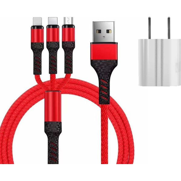 Simu 3-In-1 Tessuto 1.2M Telefono Cellulare Periferica Sicura Di Ricarica Cavo Dati Set Rosso-image
