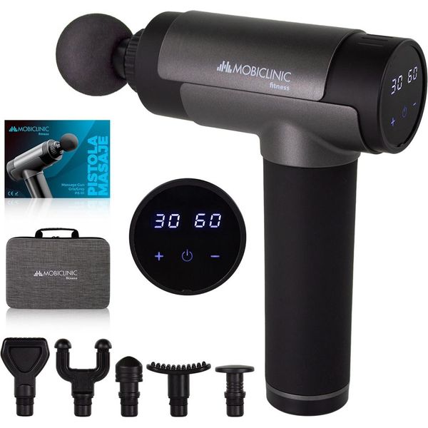 Pistola Per Massaggio Muscolare Mobiclinic®, Marca Europea, Con Display, Massaggiatore, 6 Diverse Testine Collegabili, 30 Livelli Di Intensità, Colore Grigio-image