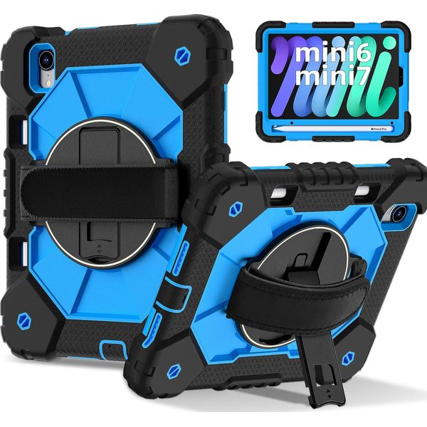 Custodia Per Ipad Mini 2024/Ipad Mini 2021, Custodia Per Tablet Con Cinturino Girevole A 360° E Supporto Nero Blu-image