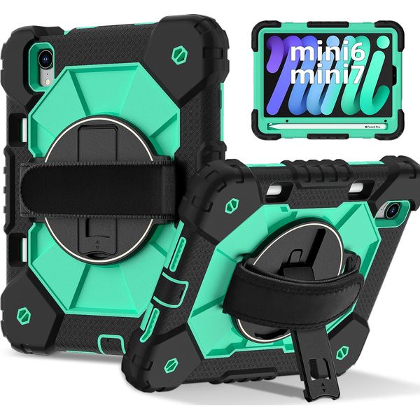 Custodia Per Ipad Mini 2024/Ipad Mini 2021, Custodia Per Tablet Con Cinturino Girevole A 360° E Supporto Nero Turchese-image
