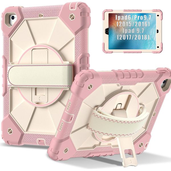 Custodia Per Ipad 9,7 6A/5A Generazione 2018/2017, Custodia Per Tablet Con Cinturino Girevole A 360° E Supporto Rosa-image