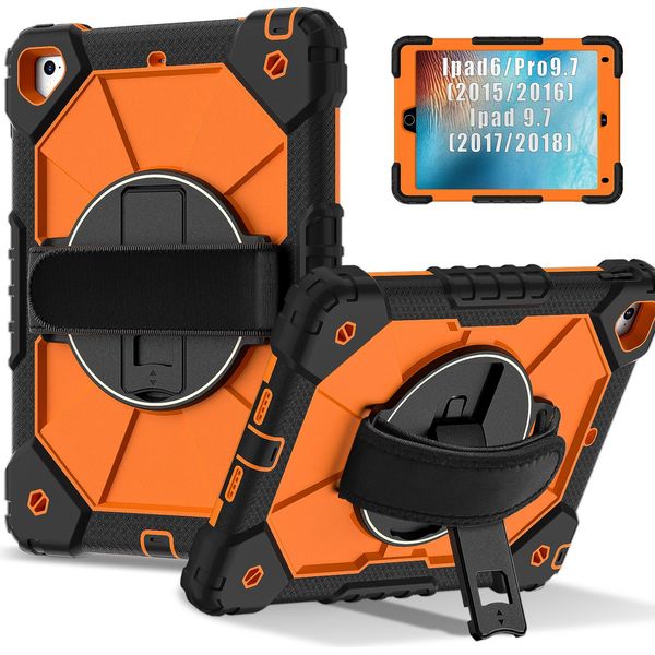 Custodia Per Ipad 9,7 6A/5A Generazione 2018/2017, Custodia Per Tablet Con Cinturino Girevole A 360° E Supporto Nero Arancione-image