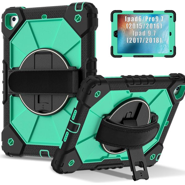 Custodia Per Ipad 9,7 6A/5A Generazione 2018/2017, Custodia Per Tablet Con Cinturino Girevole A 360° E Supporto Nero Turchese-image