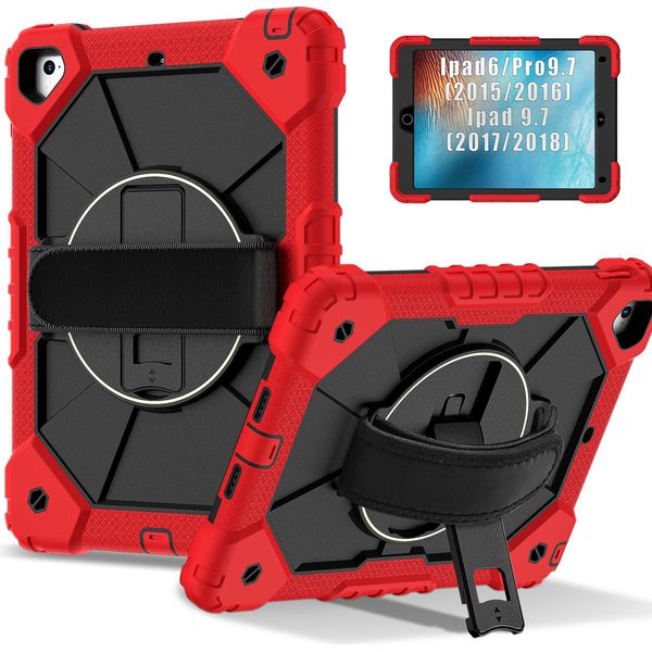 Custodia Per Ipad 9,7 6A/5A Generazione 2018/2017, Custodia Per Tablet Con Cinturino Girevole A 360° E Supporto Rosso Nero-image