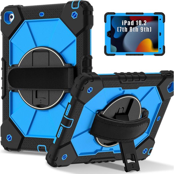 Custodia Per Ipad 9°/8°/7° Generazione, Ipad 10,2 Pollici 2021/2020/2019, Custodia Per Tablet Con Cinturino Girevole A 360° E Supporto Nero Blu-image