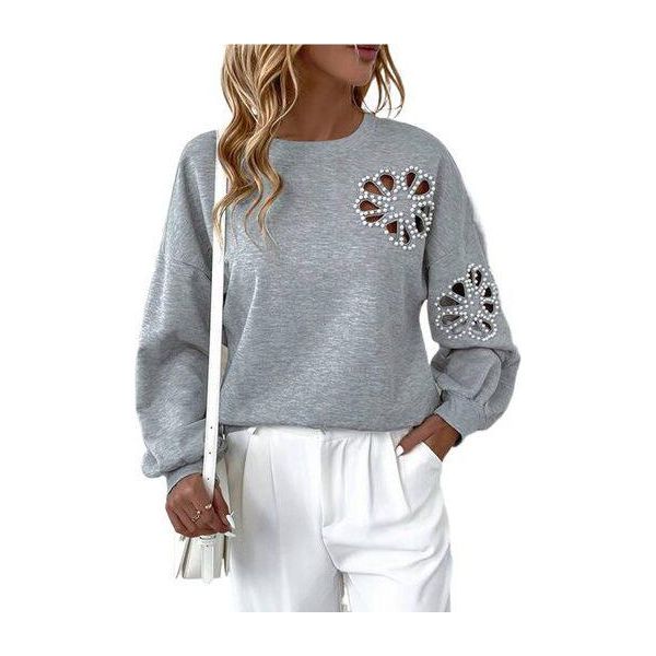 Maglia A Maniche Lunghe Da Donna Autunno/Inverno Con Design A Perle E Petali, Vestibilità Ampia, Top Casual Con Scollo Rotondo, Grigio, Xl-image
