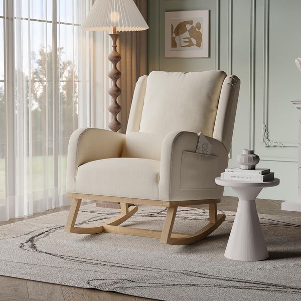 Sedia A Dondolo Proximax In Lino Con Cuscino, Con Tasche Su Entrambi I Lati Dei Braccioli, Beige-image