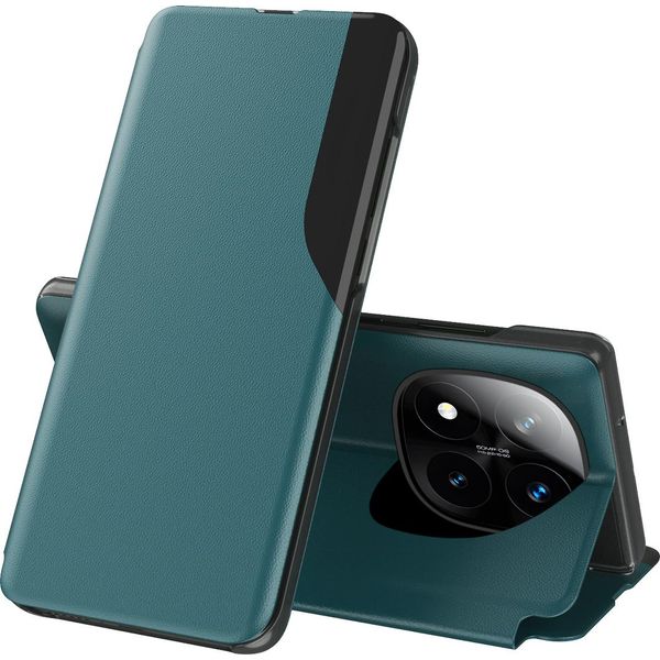 Custodia Flip Per Xiaomi Redmi Note 14 Pro+ 5G, Custodia In Finto Cuoio Con Finestra E Funzione Stand Verde-image