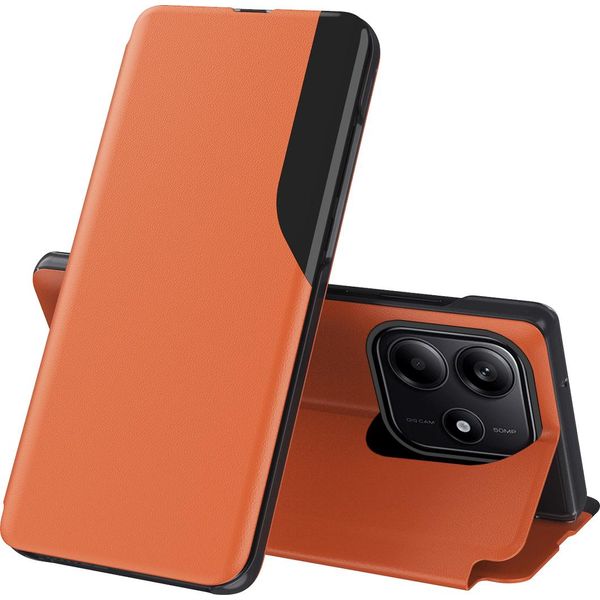 Custodia Flip Per Xiaomi Redmi Note 14 5G, Custodia In Finto Cuoio Con Finestra E Funzione Stand Arancione-image