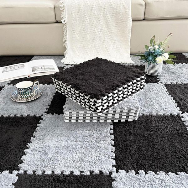 10 Pezzi 30X30X1 Cm Tappetini In Moquette, Tappetino In Peluche Insonorizzato Giuntato Per Soggiorno Camera Da Letto, Colore: Nero+Grigio-image