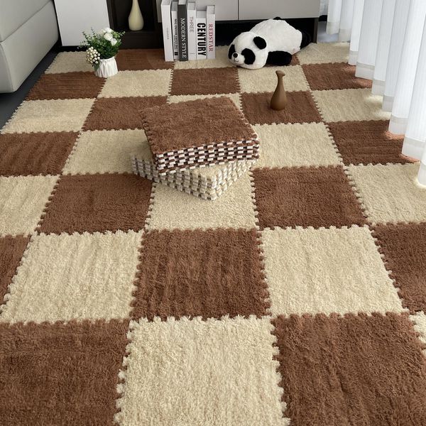 10 Pezzi 30X30X1 Cm Tappetini In Moquette, Tappetino In Peluche Insonorizzato Giuntato Per Soggiorno Camera Da Letto, Colore: Cachi+Marrone-image