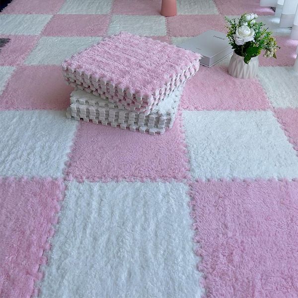 10 Pezzi 30X30X1 Cm Tappetini In Moquette, Tappetino In Peluche Insonorizzato Giuntato Per Soggiorno Camera Da Letto, Colore: Bianco+Rosa-image