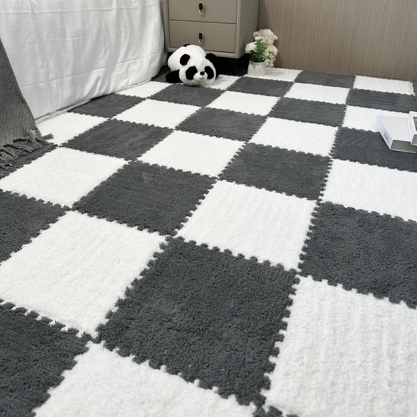 10 Pezzi 30X30X1 Cm Tappetini In Moquette, Tappetino In Peluche Insonorizzato Giuntato Per Soggiorno Camera Da Letto, Colore: Bianco+Grigio-image