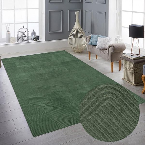 Tappeto Basso Da Salotto Con Motivo Ad Arco Unicolore In Verde Dimensioni - 120 X 160 Cm-image