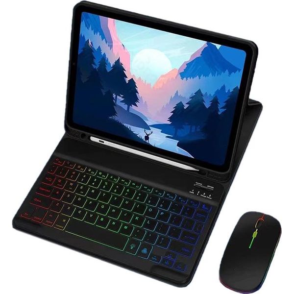 Inf Custodia Blu Per Ipad 12.9 Con Tastiera Bluetooth Rgb E Mouse Illuminato Nero Ipad 10.2/10.5 Pollici-image