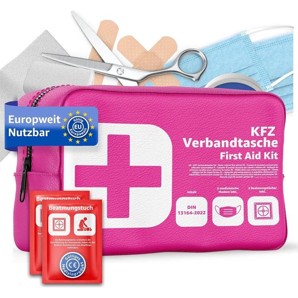 Borsa Di Pronto Soccorso Auto Standard 2026 Con Teli Di Respirazione - Cassetta Di Pronto Soccorso Auto - DIN13164:2022 - Set Di Pronto Soccorso - Cassetta Di Pronto Soccorso Stvo Conforme (Rosa)-image