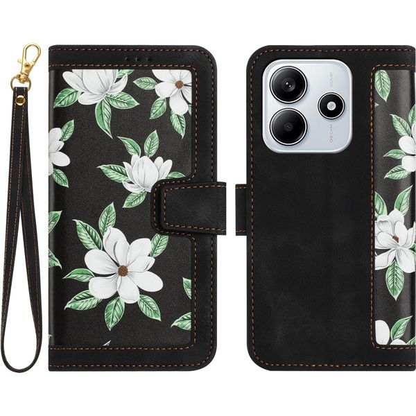 Per Xiaomi Redmi Note 14 5G Custodia A Portafoglio In Pelle Finta Per Cellulare Custodia Con Motivo Floreale Custodia Nera-image
