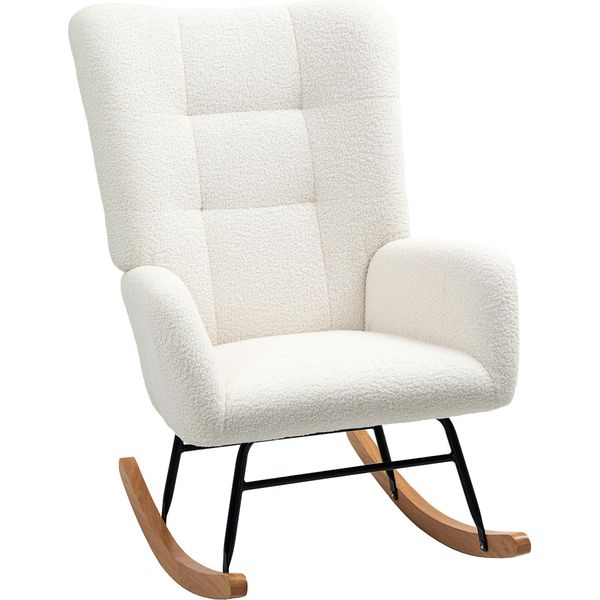 Homcom Sedia A Dondolo, Sedia A Dondolo Con Braccioli, Look Orsacchiotto In Velluto, Poltrona Reclinabile Con Guide In Legno, Sedia A Dondolo, Sedia Per Allattamento, Bianco Crema-image