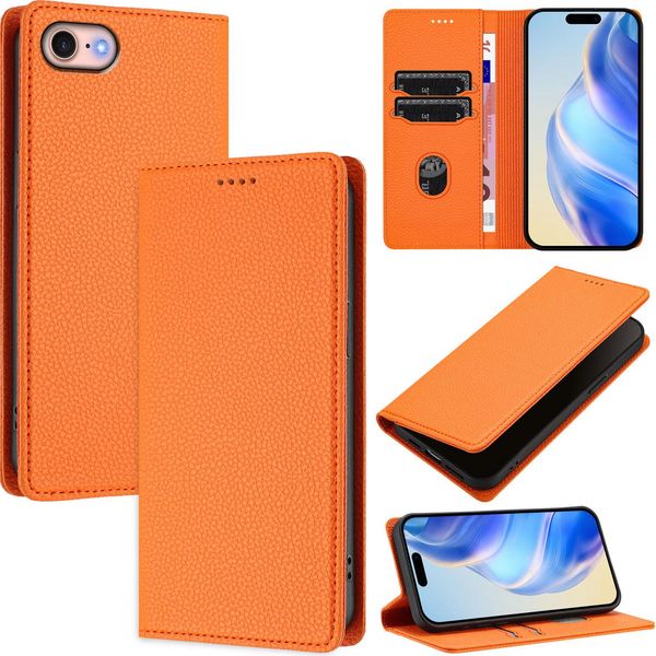 Custodia In Pelle Per Iphone 6/7/8/8/SE 2020/Iphone Se 2022, Pelle Litschi, Custodia A Portafoglio Con Slot Per Carte E Supporto Arancione-image
