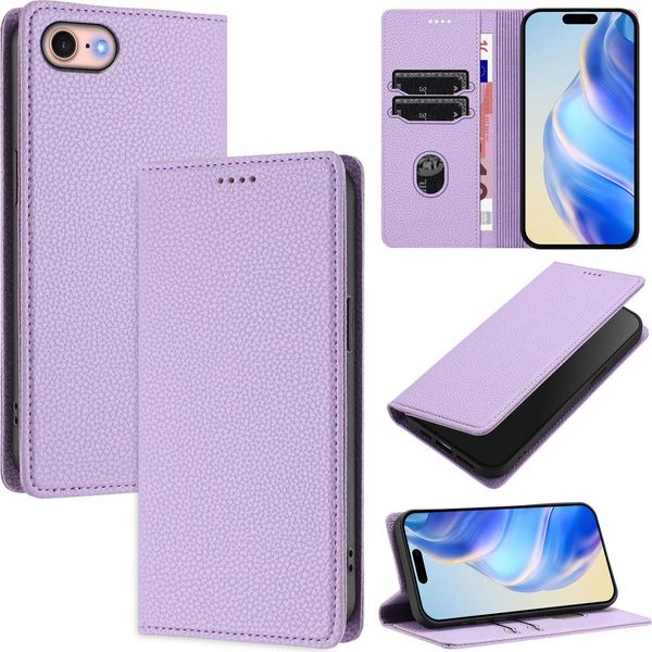 Custodia In Pelle Per Iphone 6/7/8/8/SE 2020/Iphone Se 2022, Pelle Litschi, Custodia A Portafoglio Con Slot Per Carte E Supporto Viola-image