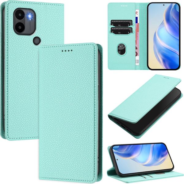 Custodia In Pelle Per Xiaomi Poco C50/C51/Redmi A1+/Redmi A2+, Pelle Litschi, Custodia A Portafoglio Con Slot Per Carte E Supporto Turchese-image