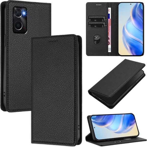 Custodia In Pelle Per Oppo A36/A76/A96/K10 4G/Realme 9I 4G, Pelle Litschi, Custodia A Portafoglio Con Slot Per Carte E Supporto Nero-image