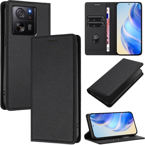 Custodia In Pelle Per Xiaomi 13T / 13T Pro, In Pelle Litschi, Custodia A Portafoglio Con Slot Per Carte E Supporto Nero-image