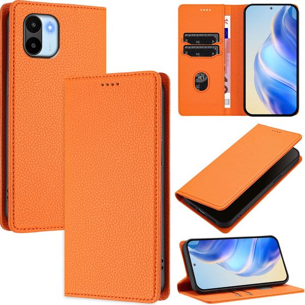 Custodia In Pelle Per Xiaomi Redmi A1/Redmi A2, Pelle Litschi, Custodia A Portafoglio Con Slot Per Carte E Supporto Arancione-image