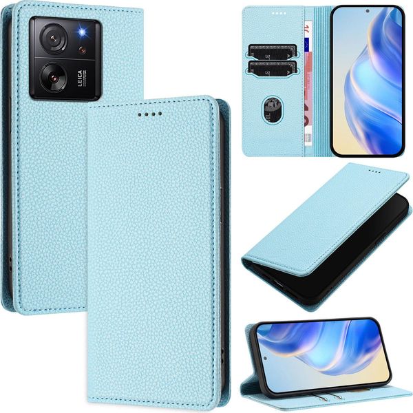 Custodia In Pelle Per Xiaomi 13T / 13T Pro, Pelle Litschi, Custodia A Portafoglio Con Slot Per Carte E Supporto Blu Chiaro-image