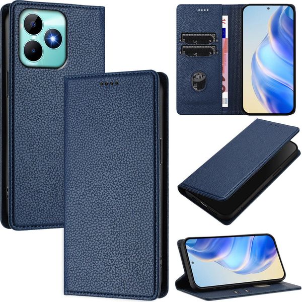 Custodia In Pelle Per Realme Note 50/Realme C51/Realme C53/Realme C51S, Pelle Litschi, Custodia A Portafoglio Con Slot Per Carte E Supporto Blu-image