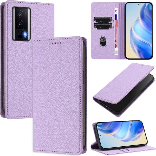 Custodia In Pelle Per Xiaomi Poco F5 Pro/Redmi K60/K60 Pro, Pelle Litschi, Custodia A Portafoglio Con Slot Per Carte E Supporto Viola-image