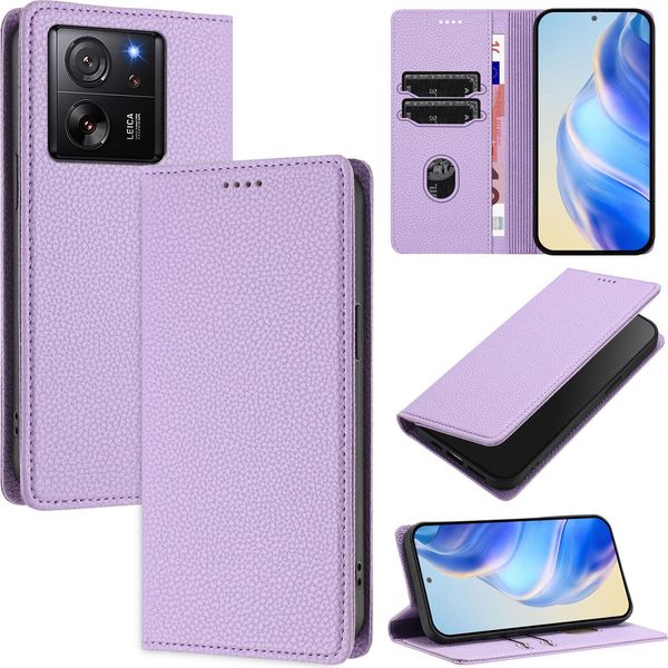 Custodia In Pelle Per Xiaomi 13T / 13T Pro, In Pelle Litschi, Custodia A Portafoglio Con Slot Per Carte E Supporto Viola-image
