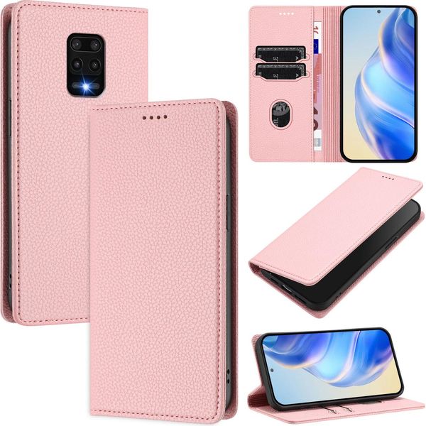 Custodia In Pelle Per Xiaomi Redmi Note 9S/9 Pro/9 Pro Max, Pelle Litschi, Custodia A Portafoglio Con Slot Per Carte E Supporto Rosa-image
