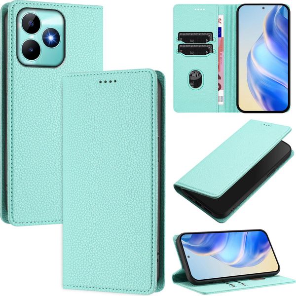 Custodia In Pelle Per Realme Note 50/Realme C51/Realme C53/Realme C51S, Pelle Litschi, Custodia A Portafoglio Con Slot Per Carte E Supporto Turchese-image