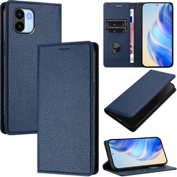 Custodia In Pelle Per Xiaomi Redmi A1/Redmi A2, Pelle Litschi, Custodia A Portafoglio Con Slot Per Carte E Supporto Blu-image