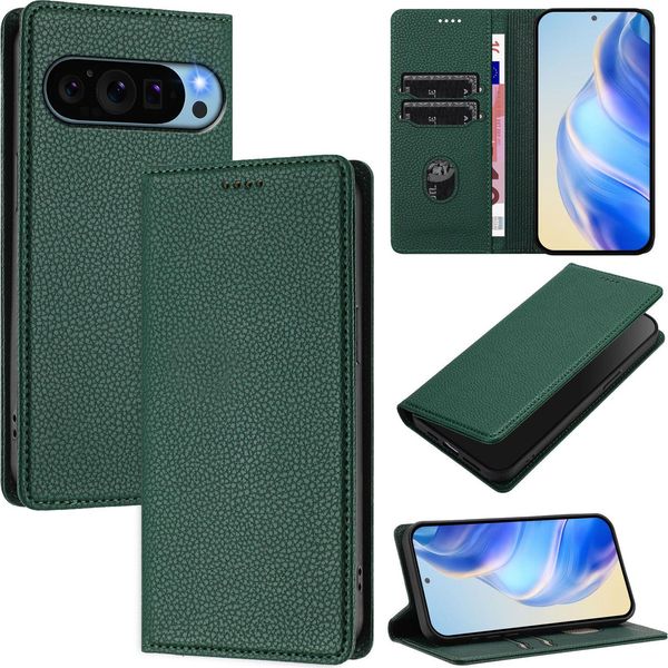 Custodia In Pelle Per Google Pixel 9 Pro Xl, Pelle Litschi, Custodia A Portafoglio Con Slot Per Carte E Supporto Verde-image