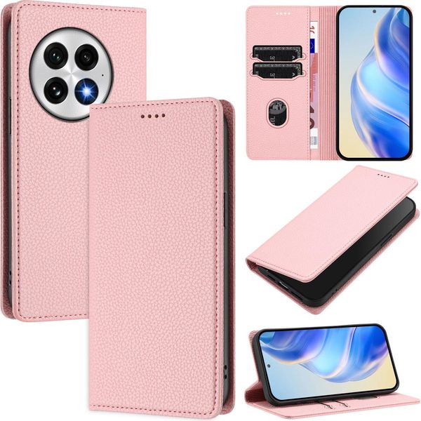 Custodia In Pelle Per Oneplus 13, Pelle Litschi, Custodia A Portafoglio Con Slot Per Carte E Supporto Rosa-image