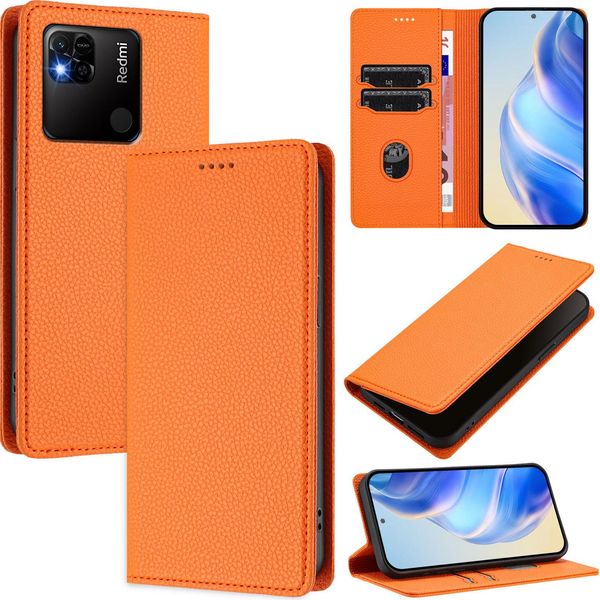 Custodia In Pelle Per Xiaomi Redmi 10A/Redmi 9C, Pelle Litschi, Custodia A Portafoglio Con Slot Per Carte E Supporto Arancione-image