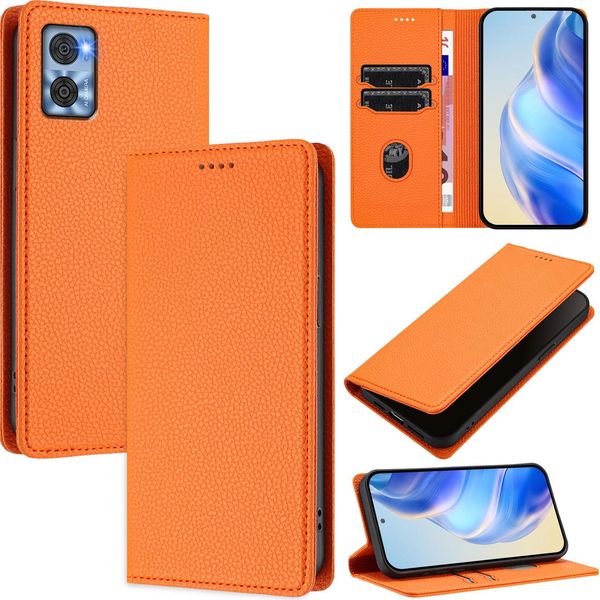Custodia In Pelle Per Motorola Moto E22/Moto E22I, Pelle Litschi, Custodia A Portafoglio Con Slot Per Carte E Supporto Arancione-image